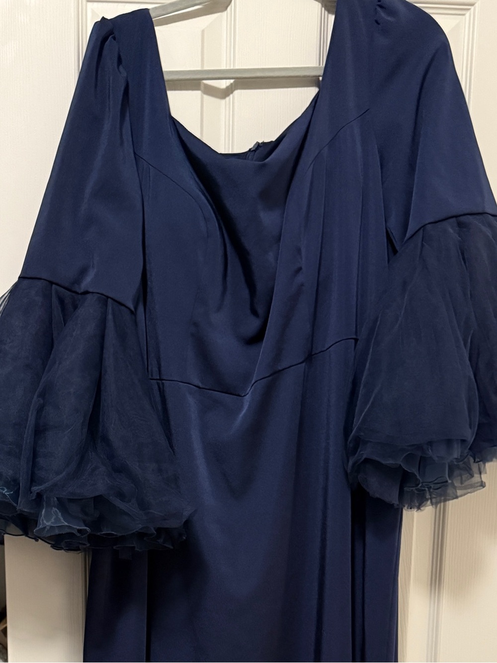 Mac Duggal Navy Blue Maxi Dress with Tulle Bell Sleeves